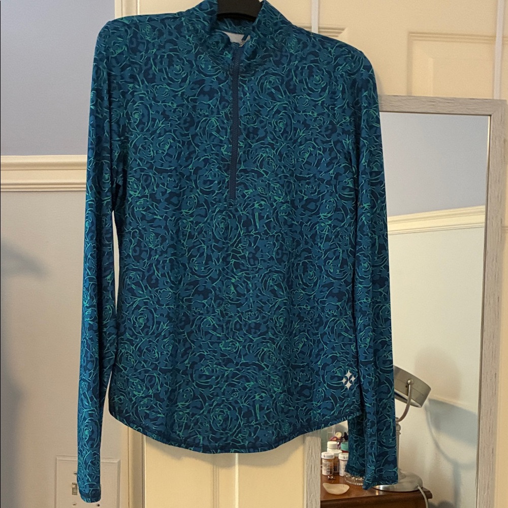 Jofit Teal & Aqua Floral-Print Long Sleeve Zip Polo